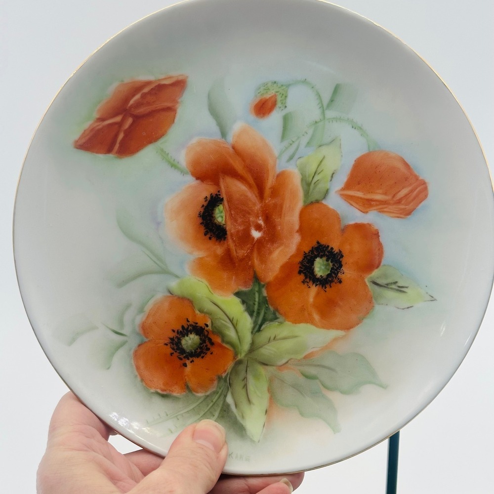 Hand Painted Porcelain Floral Poppy Decorative Plate Gold Rim 7.5" Signed M Kane - Picture 4 of 5